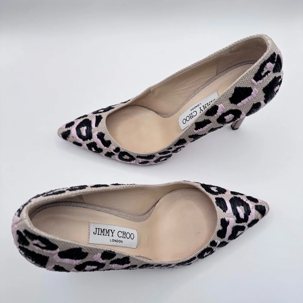 Jimmy Choo Woven Raffia Leopard Pink Black Natural Motif Romy Pumps Heels